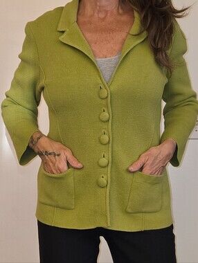 Audrey & Grace Olive Green Knit Cotton Blazer with Patch Pockets